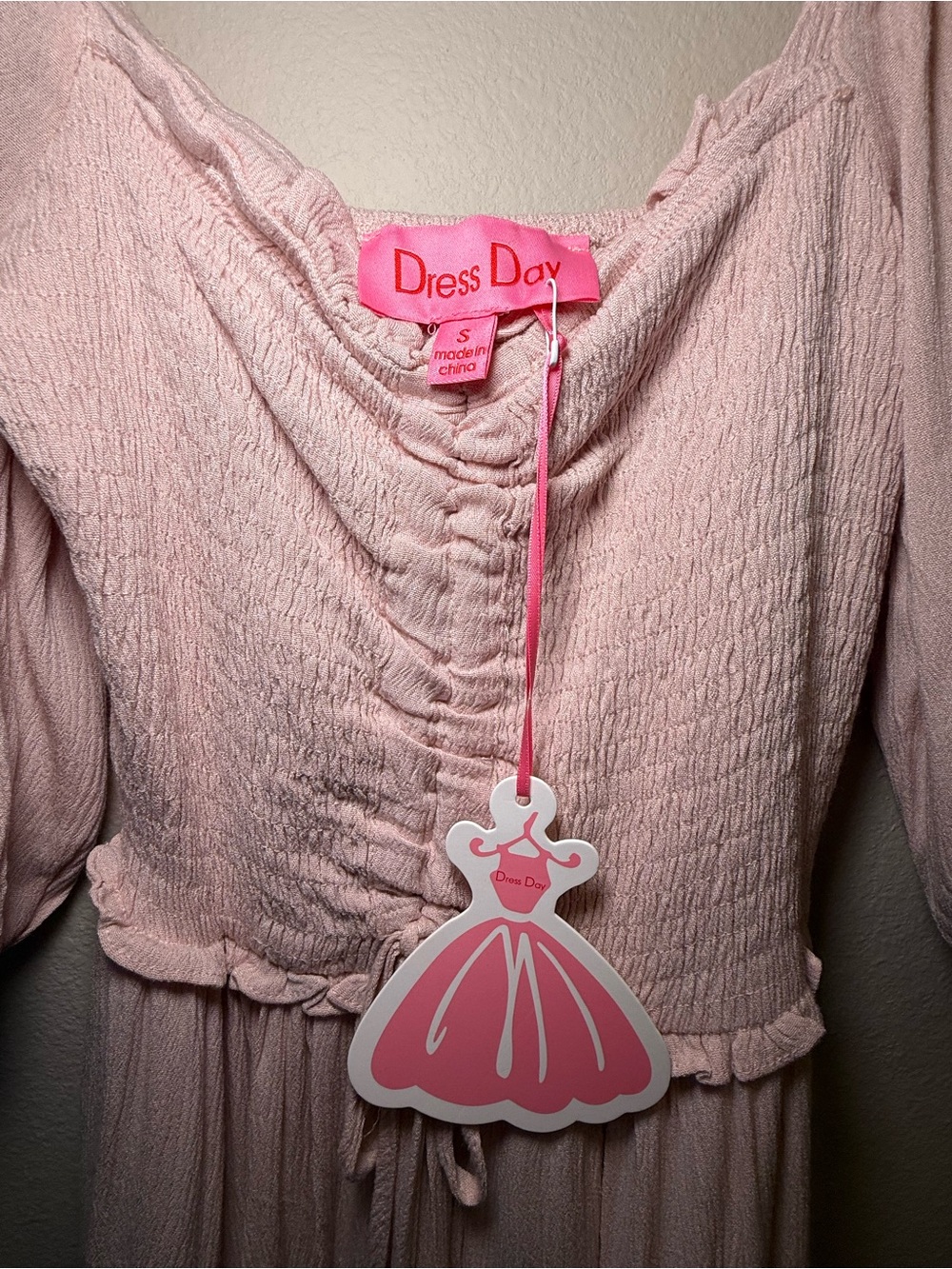 NWT Dress Day Pink Smocked Puff Sleeve Boho Tiered Maxi Maternity Photoshoot Sm - Picture 9 of 11